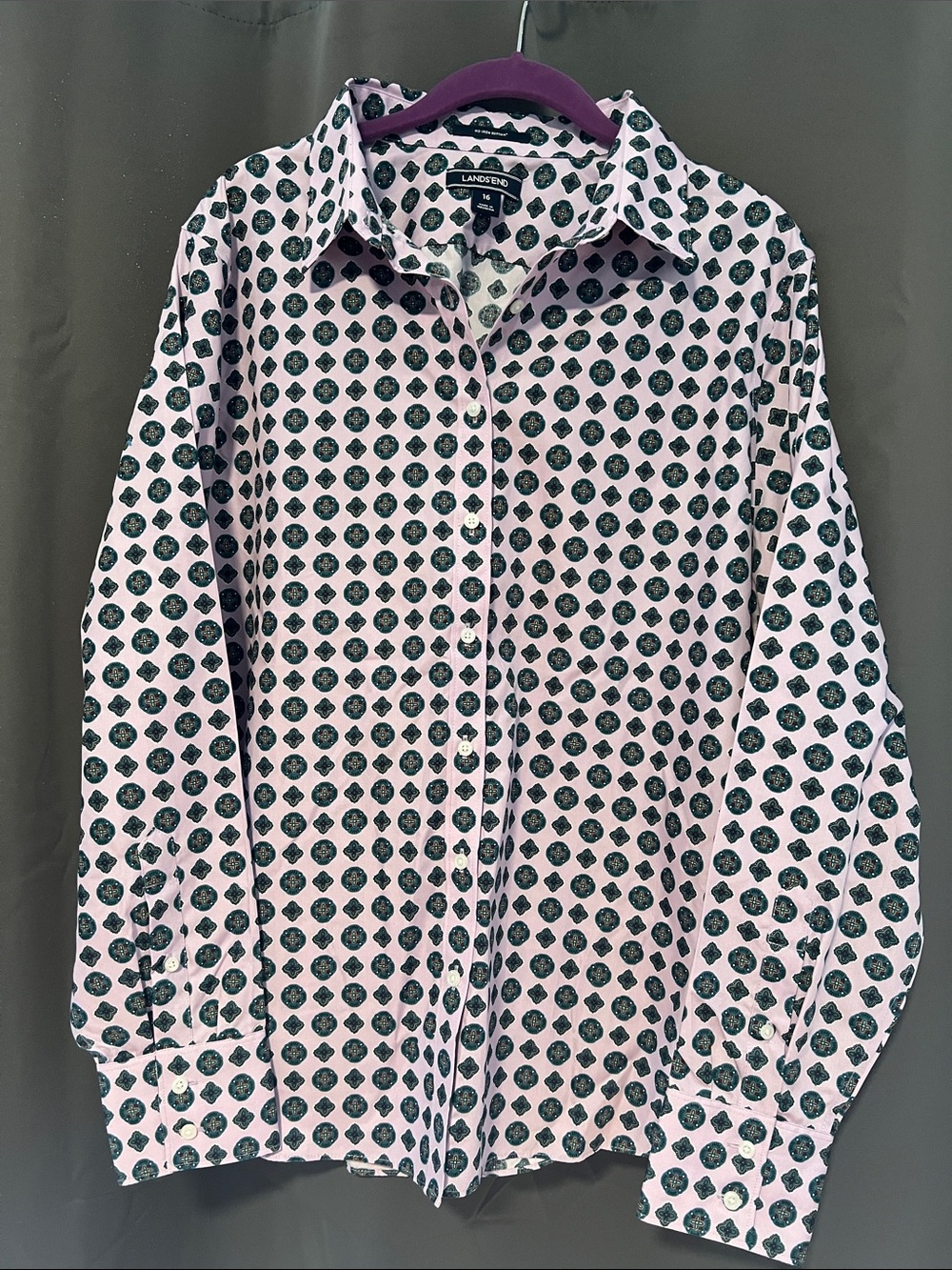 Lands' End Pink Button-Up Shirt with Teal and Black Medallion Print